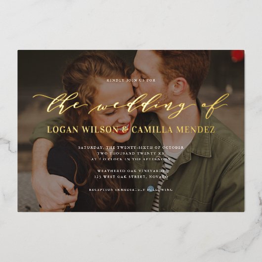 書モダン道台本結婚写真実在の 箔招待状 (正面)