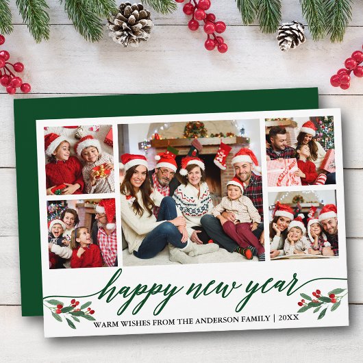 書モダン道5枚フォトハッピー新年グリーン シーズンカード