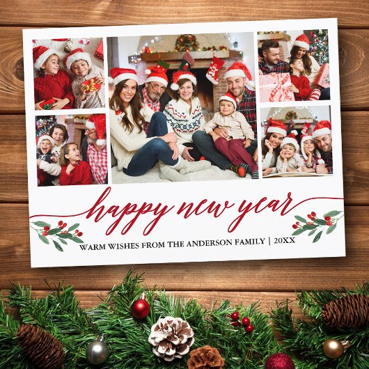 書モダン道5枚フォトハッピー新年レッド ポストカード