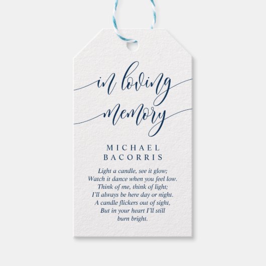 書モダン道、ネイビーブルー、葬式キャンドル ギフトタグ (正面)