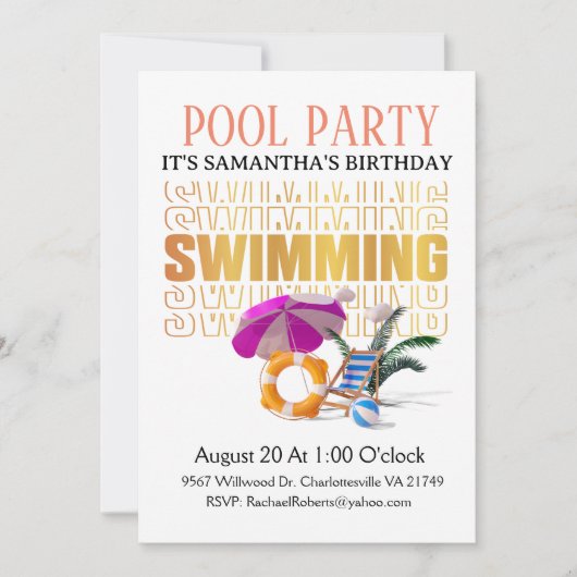 書体ワードアートプールパーティー誕生日 招待状 (正面)