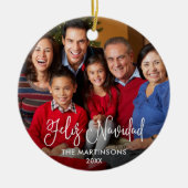 書字スクリプトフェリズナビダッドフォトレッドバック セラミックオーナメント (正面)