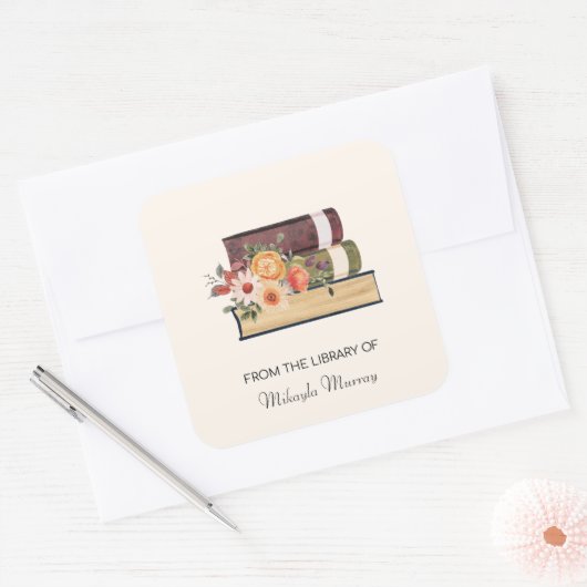 書架と花のパーソナライズされた蔵書票 スクエアシール (封筒)