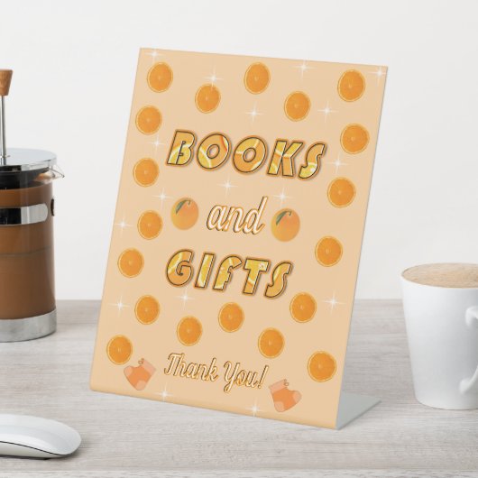 書籍とギフトオレンジ柑橘類サマーベビーシャワー 台座サイン (インサイチュ)