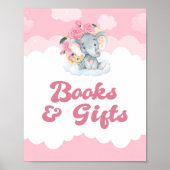 書籍とギフトピンク象の女の子赤ちゃんシャワーのサイン ポスター (正面)