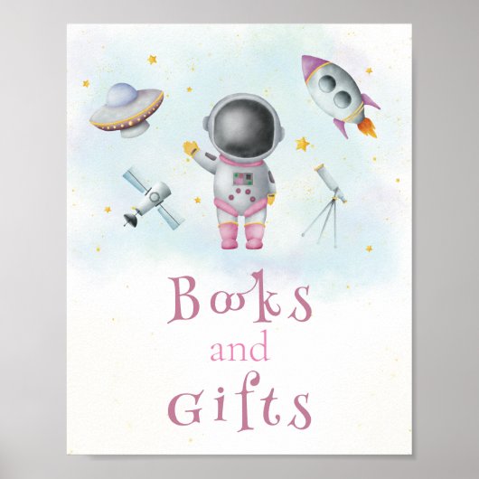 書籍とギフト宇宙宇宙飛行士の女の子のロケット星 ポスター (正面)
