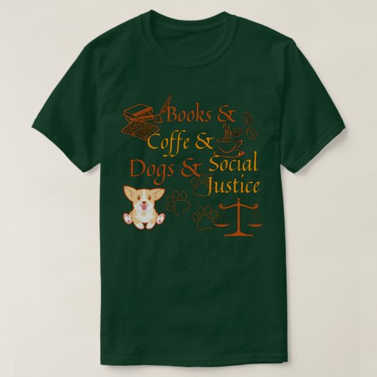 書籍とコーヒーと犬と社会正義125 Tシャツ (デザイン正面)