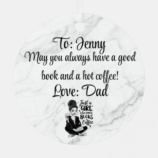 書籍とコーヒーを愛する女の子カスタムブラック&ホワイト メタルオーナメント (裏面)