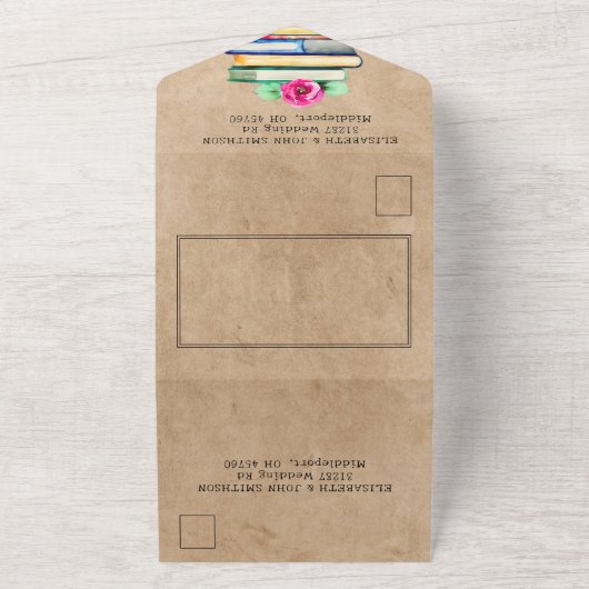 書籍とバラ水彩写真の追加素朴結婚色 オールインワン招待状 (外側)