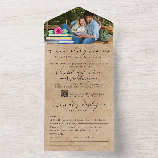 書籍とバラ水彩写真の追加素朴結婚色 オールインワン招待状 (内側)