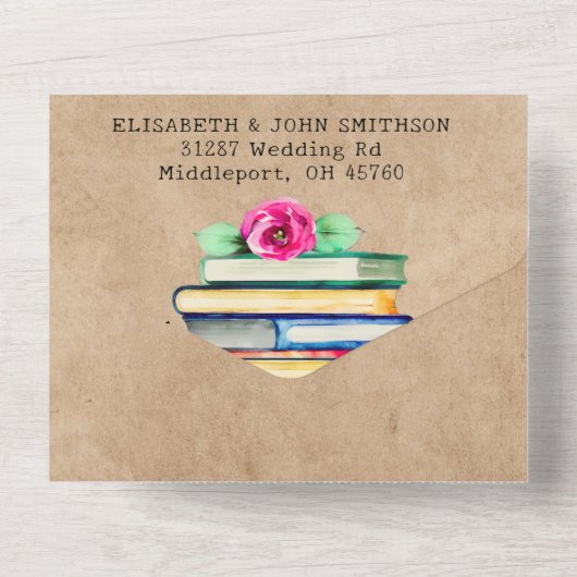 書籍とバラ水彩写真の追加素朴結婚色 オールインワン招待状 (裏面)