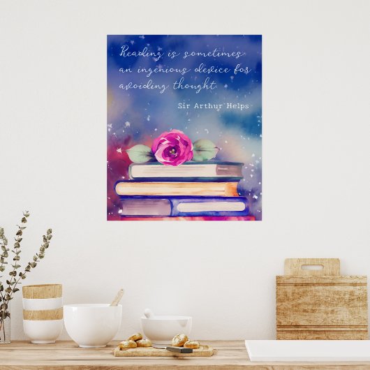 書籍とピンクローズウォーター色スクリプト読の引用文 ポスター (キッチン)