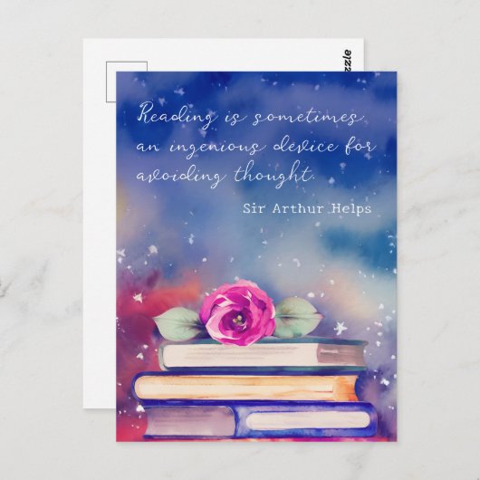 書籍とピンクローズウォーター色スクリプト読の引用文 ポストカード (正面/裏面)