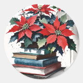 書籍とポインセティアスのクリスマス ラウンドシール (正面)