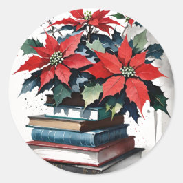 書籍とポインセティアスのクリスマス ラウンドシール