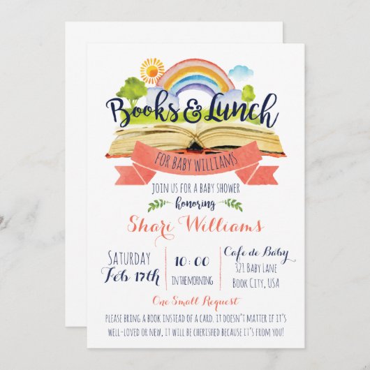 書籍とランチベビーシャワー招待状 招待状 (正面/裏面)