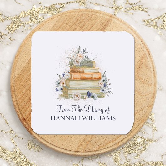 書籍とヴィンテージベージュブルーフラワーズ蔵書票 スクエアシール