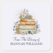 書籍とヴィンテージベージュブルーフラワーズ蔵書票 スクエアシール (正面)