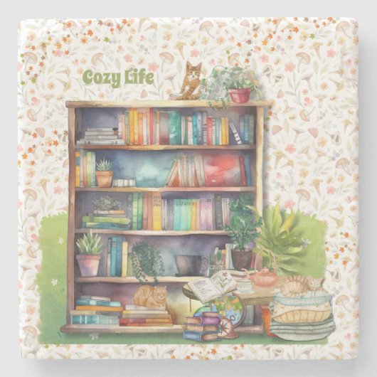 書籍と猫好きハイゲ誕生日退職 ストーンコースター (正面)