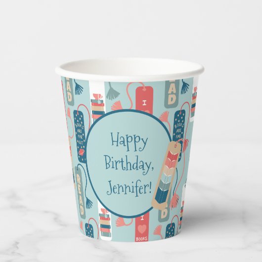 書籍と読しおり図解入りの、写真付きの誕生日 紙コップ (正面)