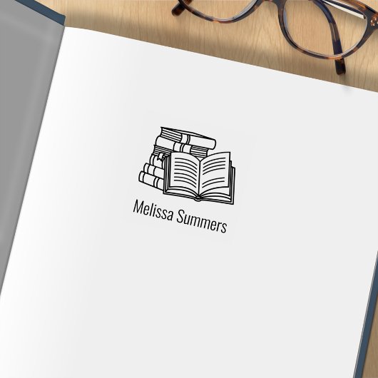 書籍のスタックとオープンブックの蔵書票1x1 ラバースタンプ