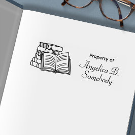 書籍のスタックとオープンブックエッチング蔵書票 セルフインキングスタンプ