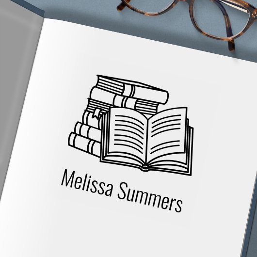 書籍のスタックとオープンブック – 蔵書票 セルフインキングスタンプ