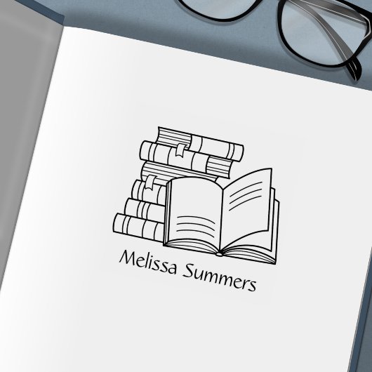 書籍のスタックとオープンブック – 蔵書票 セルフインキングスタンプ