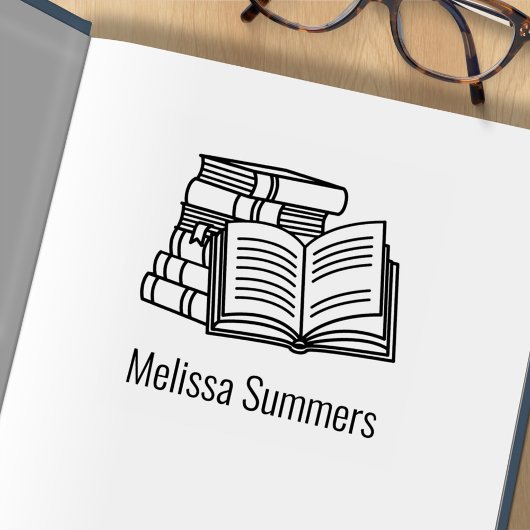 書籍のスタックとオープンブック – 蔵書票 ラバースタンプ