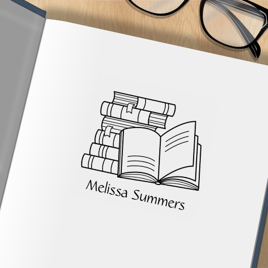 書籍のスタックとオープンブック – 蔵書票 ラバースタンプ