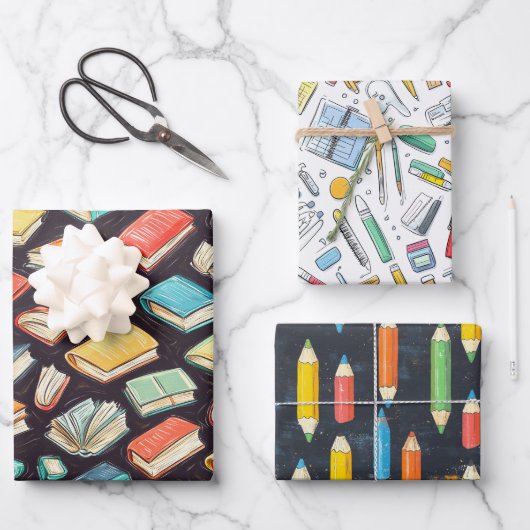 書籍&ペンシルチョークスケッチスクールギフト ラッピングペーパーシート (正面)