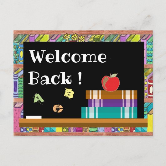 書籍、黒板とリンゴのバックツースクール葉書 ポストカード (正面)