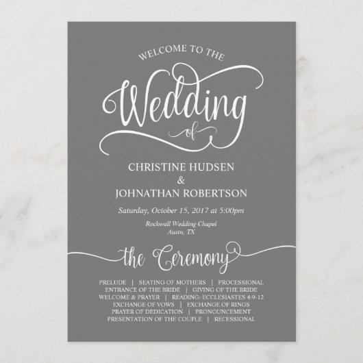 書素朴·グレー·フォント結婚の儀式 プログラム (正面)