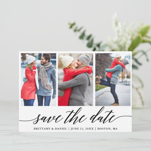 書記日付の保存婚約3フォトカード 招待状 (スタンド正面)