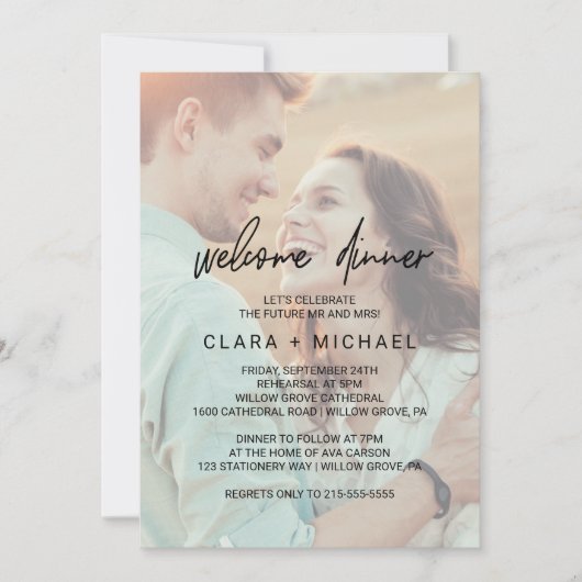 書道お洒落色消し写真ウェルカムディナー 招待状 (正面)