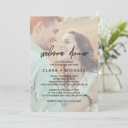 書道お洒落色消し写真ウェルカムディナー 招待状 (スタンド正面)