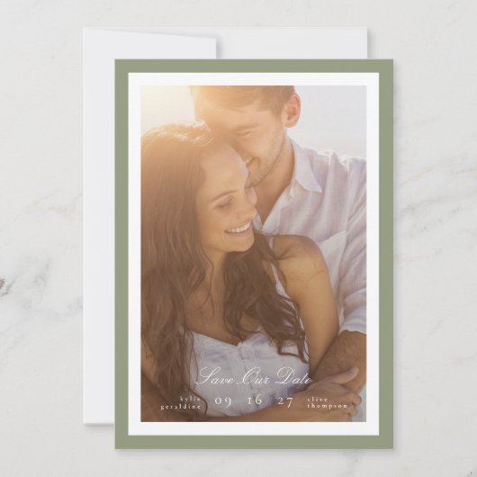 書道とセージ緑の枠の付いたクラシック写真 セーブザデート (正面)