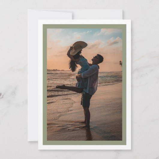 書道とセージ緑の枠の付いたクラシック写真 セーブザデート (裏面)