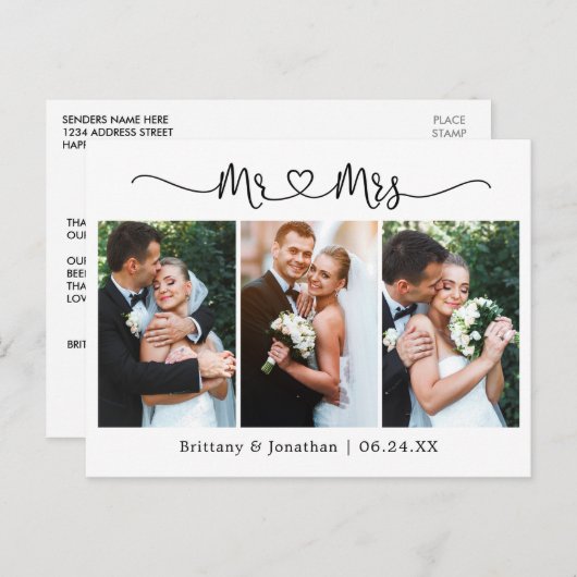 書道のハート結婚3枚の写真ありがとう ポストカード (正面/裏面)