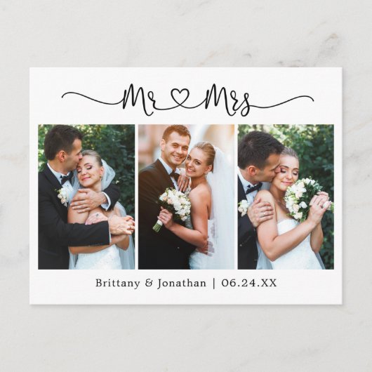 書道のハート結婚3枚の写真ありがとう ポストカード (正面)