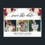 書道のバーガンディの花柄の保存日付3の写真 案内ポストカード<br><div class="desc">モダンな書道の原稿、水彩画のバーガンディMarsalaの花柄は、日付の婚約の発表のカップル3の写真の郵便はがきを救います</div>