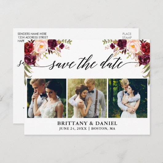 書道のバーガンディの花柄の保存日付3の写真 案内ポストカード (正面/裏面)