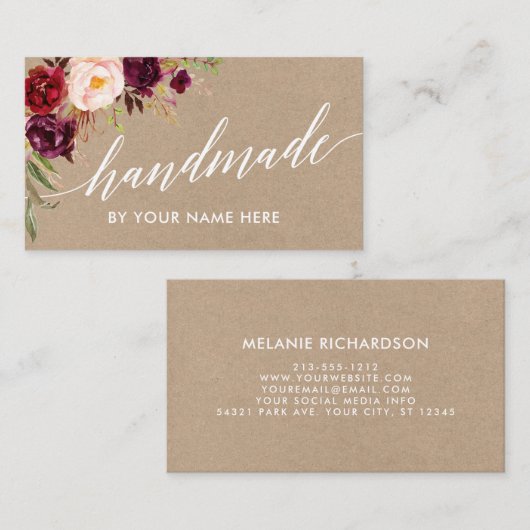 書道のバーガンディ花のハンドメイドのクラフトのスタイル 名刺 (正面/裏面)