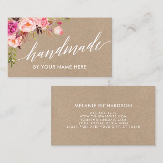 書道のピンクの花のハンドメイドのクラフトのスタイル 名刺 (正面/裏面)