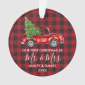 書道のミセス・クリスマストラック赤い格子縞 オーナメント (正面)