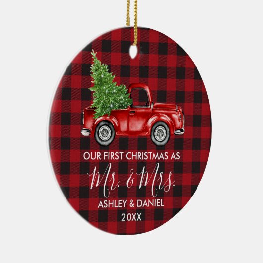 書道のミセス・クリスマストラック赤い格子縞 セラミックオーナメント (右)