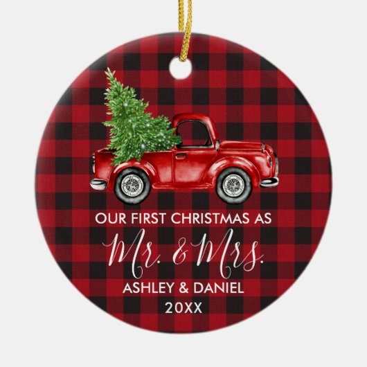 書道のミセス・クリスマストラック赤い格子縞 セラミックオーナメント (正面)