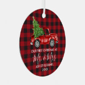 書道のミセス・クリスマストラック赤い格子縞 メタルオーナメント (正面右)