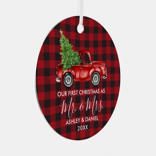 書道のミセス・クリスマストラック赤い格子縞 メタルオーナメント (正面右)