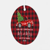 書道のミセス・クリスマストラック赤い格子縞 メタルオーナメント (正面左)
